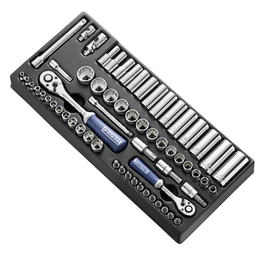 Facom E034853 socket and ratchet set in black tray, various chrome tools visible, photo from above.