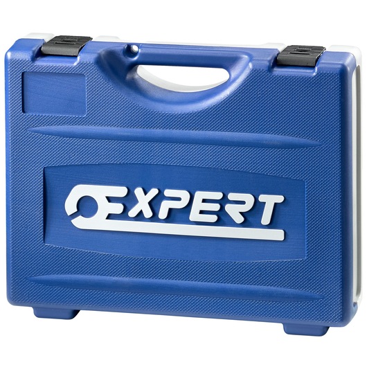 A blue plastic carrying case with a handle and two black latches, featuring the word 'Expert' in raised white letters on the front.