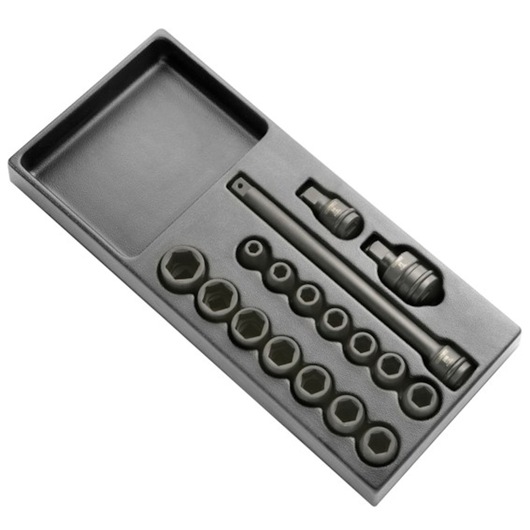 Facom E040601 socket and accessory set in black foam tray, top angle on white background.