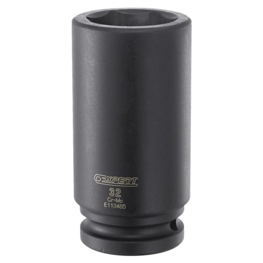 Facom E041302 deep impact socket, black, front angle, hex drive, photography on white background.