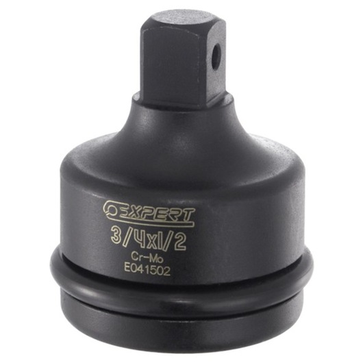 Facom E041502 black impact socket adapter, front angle, with engraved size and logo on white background.