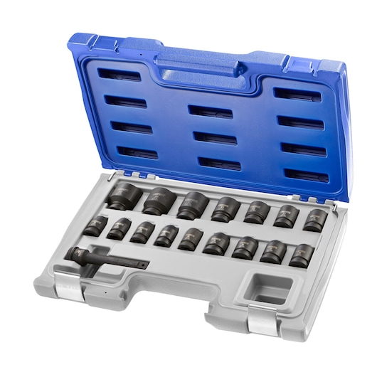 Facom E041603 socket set with various sizes in a grey and blue hard case, product photography, front angle.