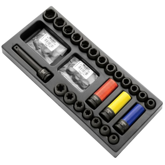 Facom E041604 socket set tray with assorted sockets and three color-coded impact sockets, top-down view.
