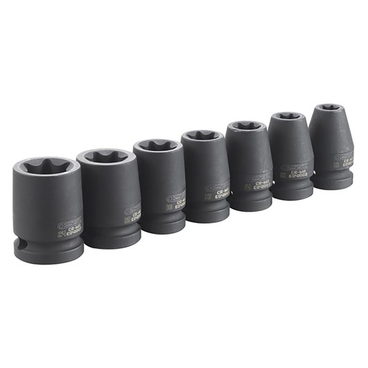 Facom E041605 black socket set, seven pieces, side angle, on white background.
