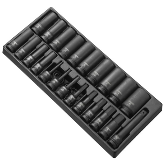 Facom E041644 socket and bit set, 19 pieces, black tray, angled front view.