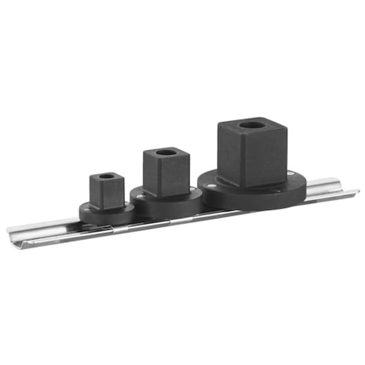 Facom socket adapter set E041649, three black adapters on metal rail, product side angle, photography
