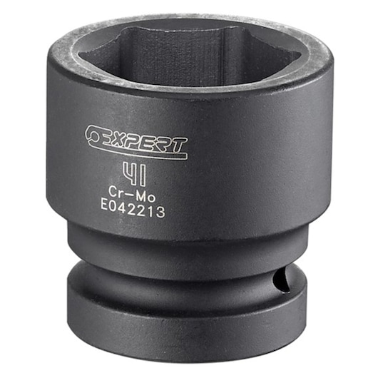 Facom E042216 black impact socket, front angle on white, showing hex opening and engraved branding.