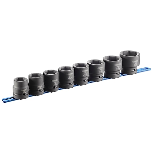 Facom E042408 socket set with eight black sockets on blue rail, side angle, photography.