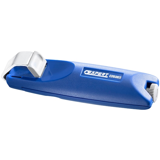 Facom E050103 blue and silver pipe cutter, side view on white background.