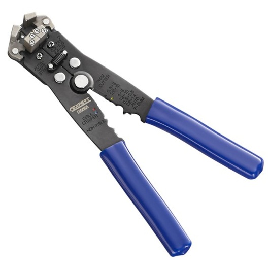 Facom E050105 wire stripper with blue handles, angled view on white background.