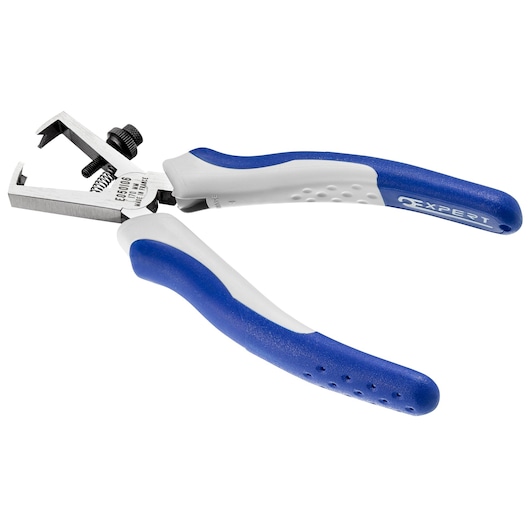 Facom E050106 wire stripper pliers with blue and white handles, angled view on white background.