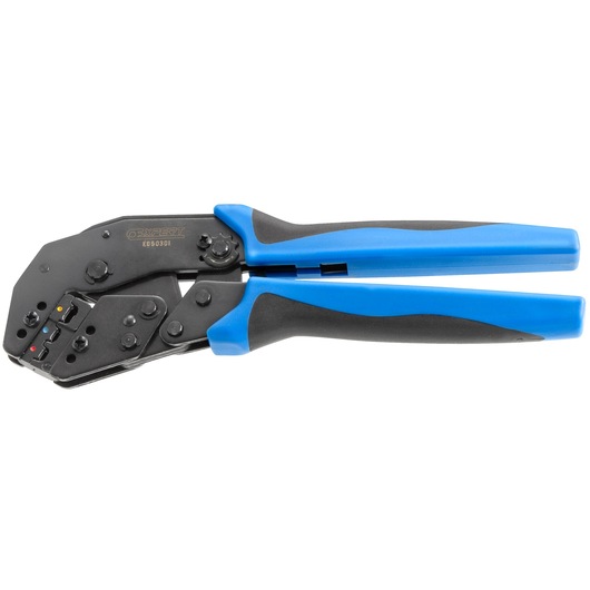 Facom E050301 crimping tool with black metal jaws and blue and black ergonomic handles, side view on white background.