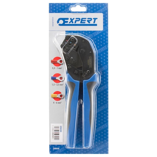 Facom Expert crimping pliers E050301 in retail packaging. The tool has black jaws and blue and black handles. The packaging shows color-coded wire sections for different sizes: red (0.5-1 mm²), blue (1.5-2.5 mm²), and yellow (4-6 mm²).