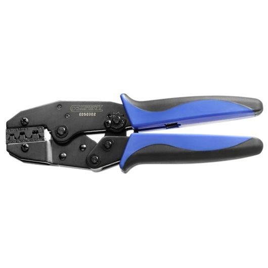 Facom E050302 crimping tool with black metal jaws, blue and black ergonomic handles on white background.