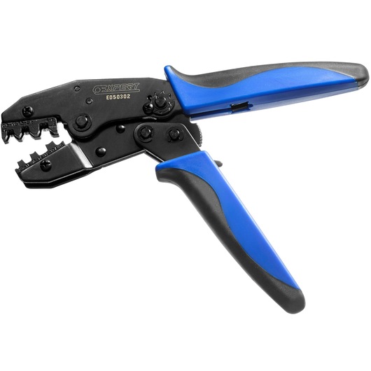 Facom E050302 blue and black crimping tool with ergonomic handles, side angle, on white background.