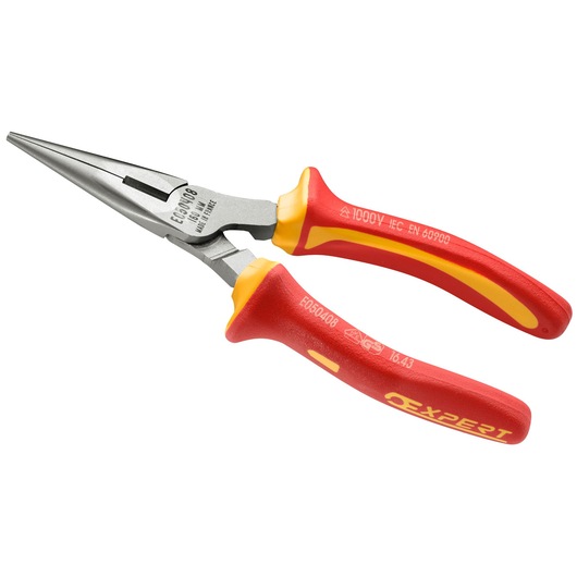 Facom E050408 insulated long nose pliers with red and yellow handles, side view on white background.
