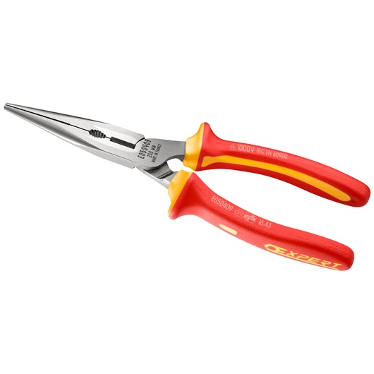 Facom E050409 insulated long nose pliers with red and yellow handles, side view on white background.