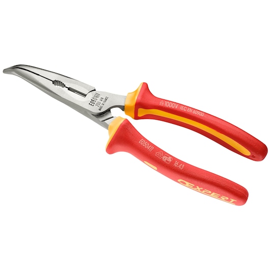 Facom E050410 insulated long nose pliers with red and yellow handles, front angle on white background.