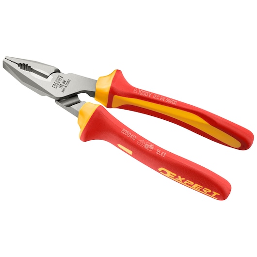 Facom E050413 insulated combination pliers with red and yellow handles, angled product photo.