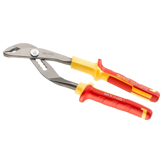 Facom E050415 insulated water pump pliers with red and yellow handles, side angle on white background.