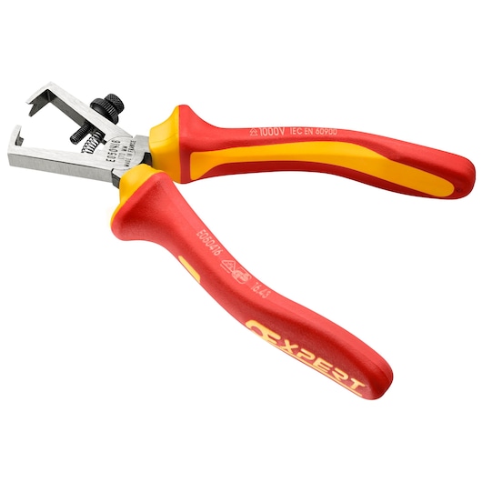 Facom E050416 insulated wire stripper with red and yellow handles, angled view, photography product.