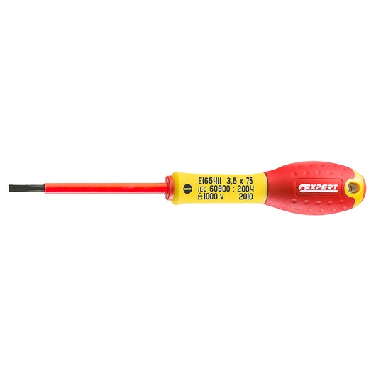 Facom E050608 insulated flat screwdriver with red and yellow handle, front angle, white background.