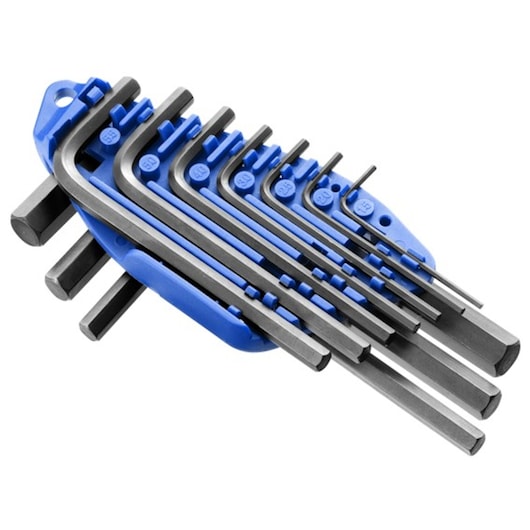 Facom E069253 hex key set with blue holder, photography, angled view, multiple sizes visible.
