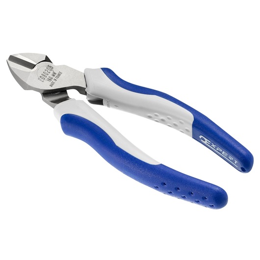 Facom E080206 diagonal cutting pliers with blue and white ergonomic handles, front angle.