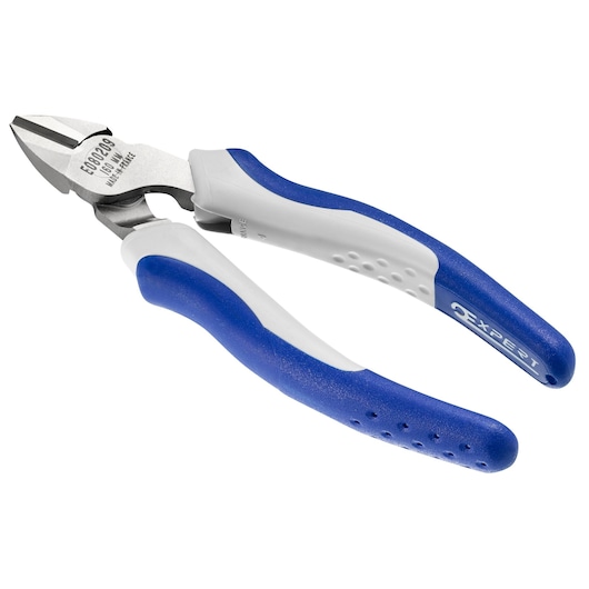 Facom E080210 diagonal cutting pliers with blue and white handles, angled view on white background.