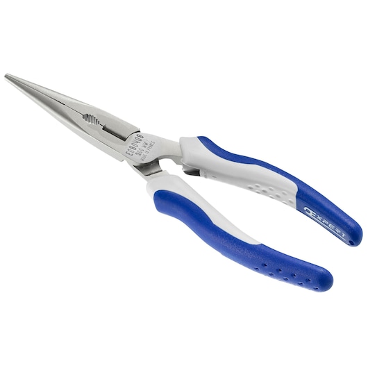 Facom E080408 long nose pliers with blue and white handles, angled view, white background.