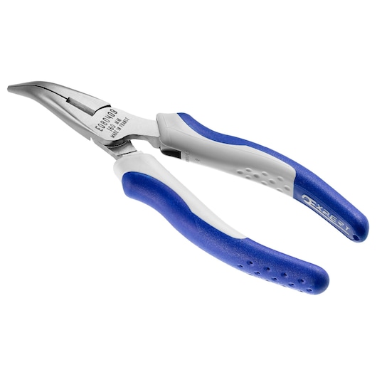 Facom E080410 angled long nose pliers with blue and white handles, side view, on white background.