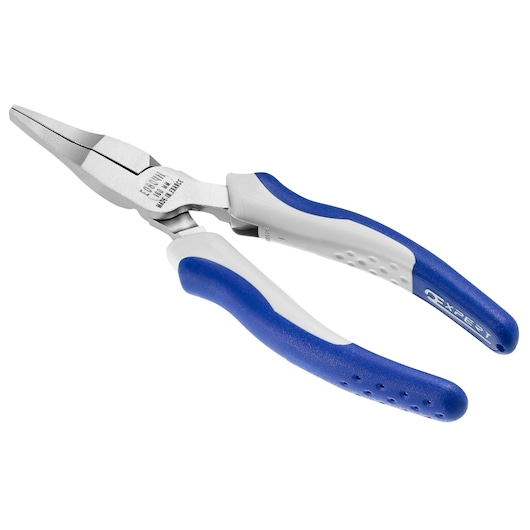 Facom E080411 long nose pliers with blue and white handles, side angle, on white background.