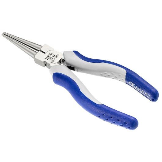 Facom E080412 round nose pliers with blue and white handles, side angle on white background.