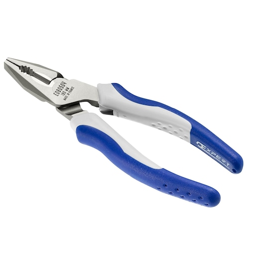 Facom E080504 combination pliers with blue and white comfort grips, angled view on white background.