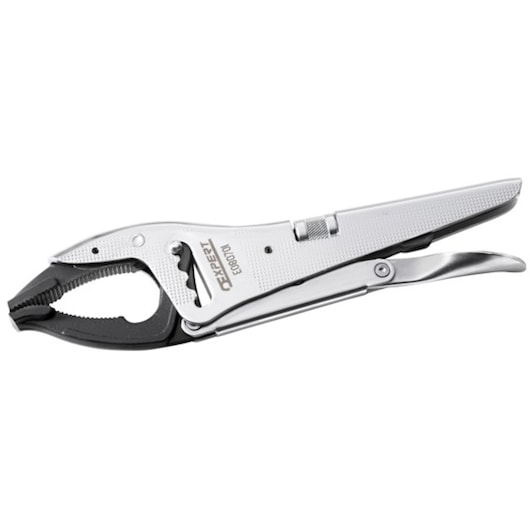 Facom E080701 locking pliers side view, silver body with black jaws on white background.
