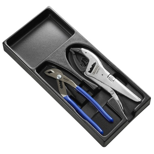 Facom E080801 tray with blue-handled pliers and silver locking pliers, top angle on white background.