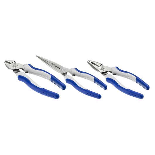 Facom E080816 plier set with blue and white handles, three types shown on white background, side angle.