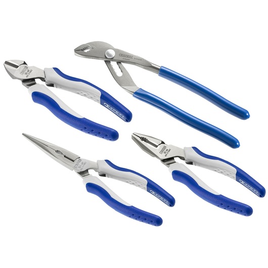 Facom E080817 set of four pliers with blue and white handles, flat lay on white background.