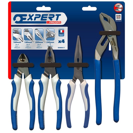 Set of four Facom Expert pliers in retail packaging. The set includes diagonal cutting pliers, combination pliers, long nose pliers, and water pump pliers, all with blue and white handles.