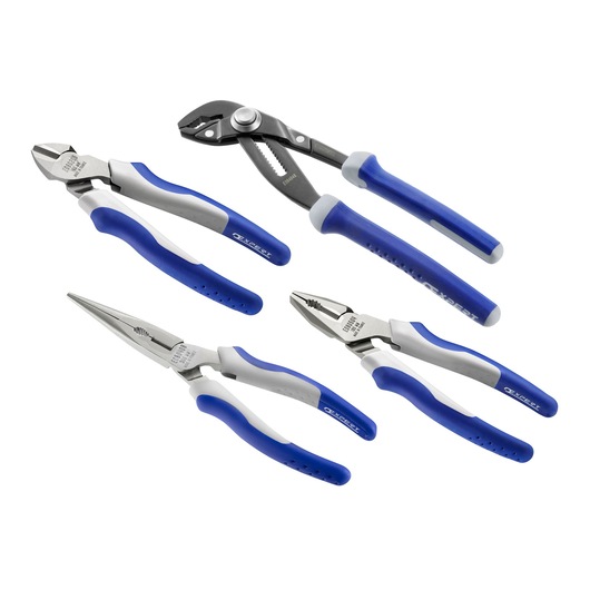 Facom E080818 pliers set with blue and gray handles, photography on white background, front angle.