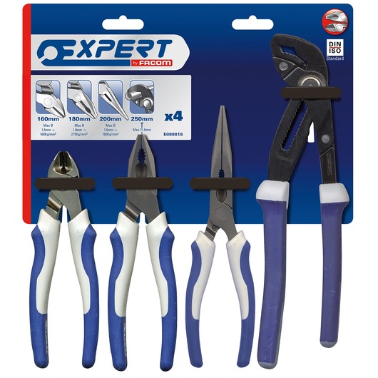 Facom Expert branded set of four pliers in packaging, including diagonal cutting pliers, combination pliers, long nose pliers, and adjustable water pump pliers with blue and white handles, displayed against a blue and red label.