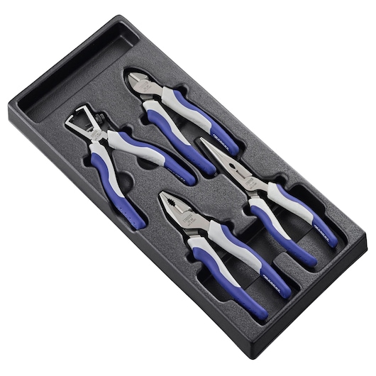Facom E080821 pliers set with blue and white handles in black tray, angled view.