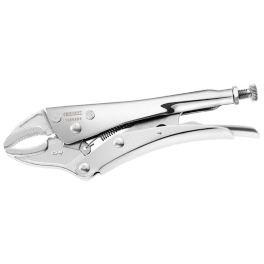 Facom E084808 locking pliers, chrome finish, side angle on white background.