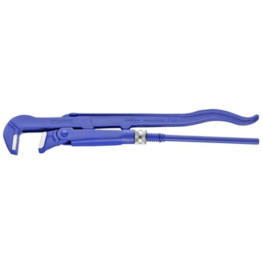 Facom E090110 blue pipe wrench side view, serrated jaws, photography on white background.