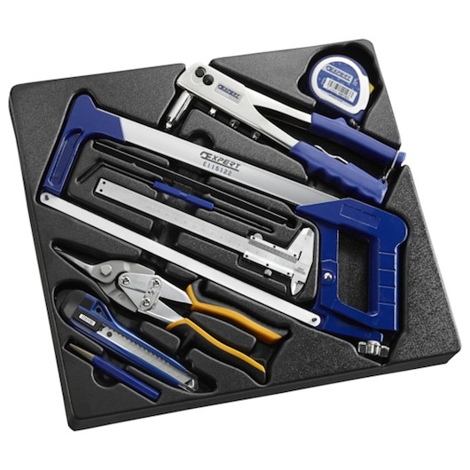 Facom E090302 hand tool set in black tray, includes hacksaw, pliers, cutter, tape measure and wrench in blue.