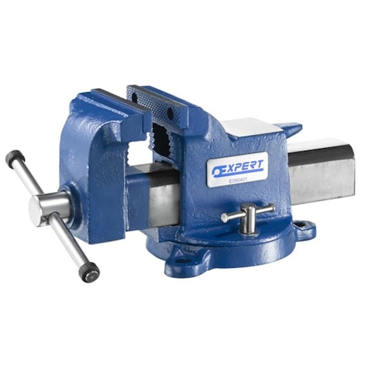 Facom E090403 blue bench vise with rotating base, metal jaws, side handle, white background, front angle.