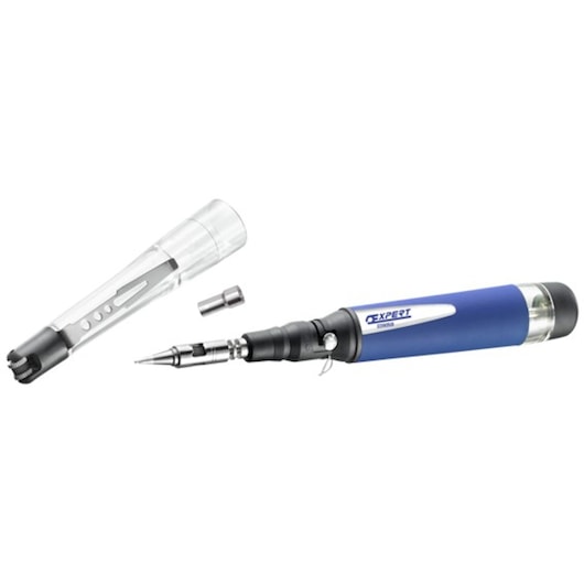 Facom E090501 blue gas soldering iron with cap and accessory, product photography, angled on white background.