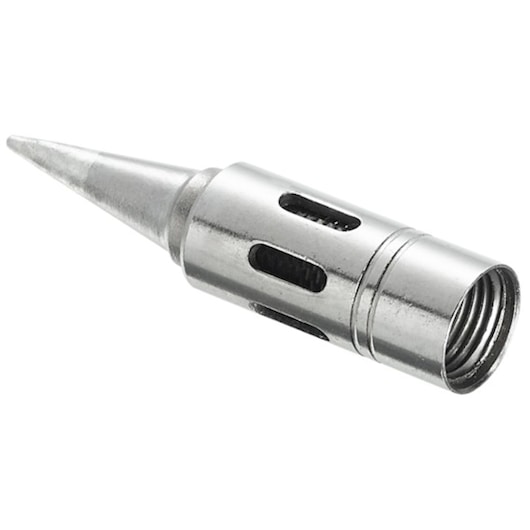 Facom E090502 soldering iron tip, silver, cylindrical shape, side angle, photography.
