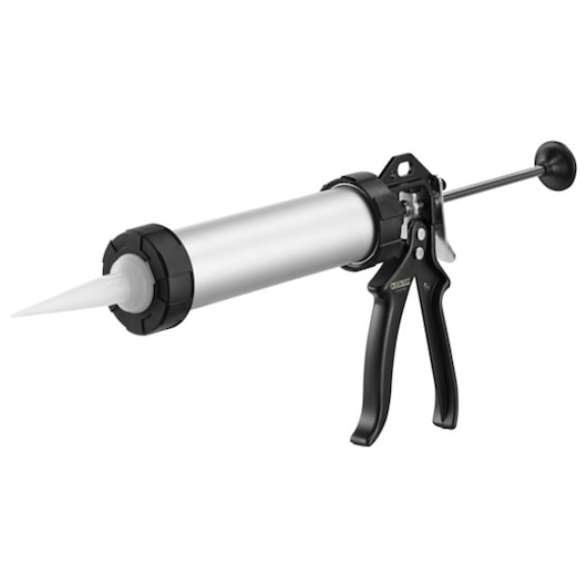 Facom E090703 caulking gun, silver and black, side angle on white background.