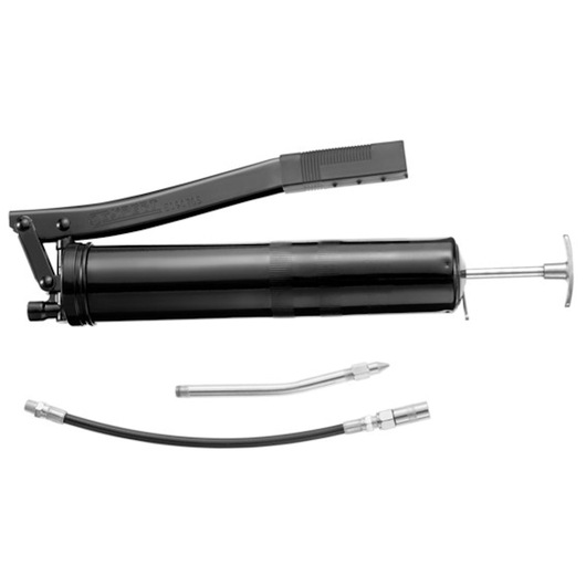 Facom E090705 lever grease gun with black body, metal lever, flexible hose, and rigid nozzle on white background.